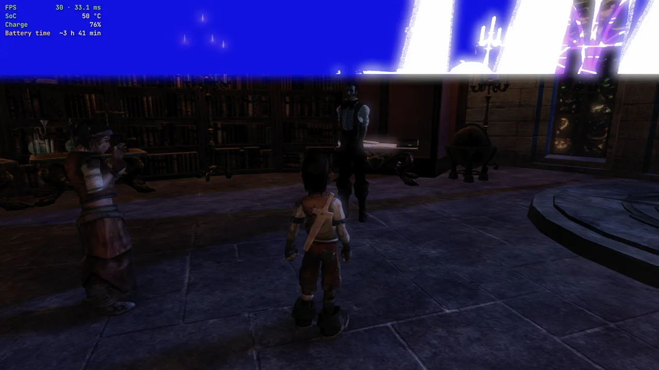 Fable II on Xendroid+ with a blue tint in a library