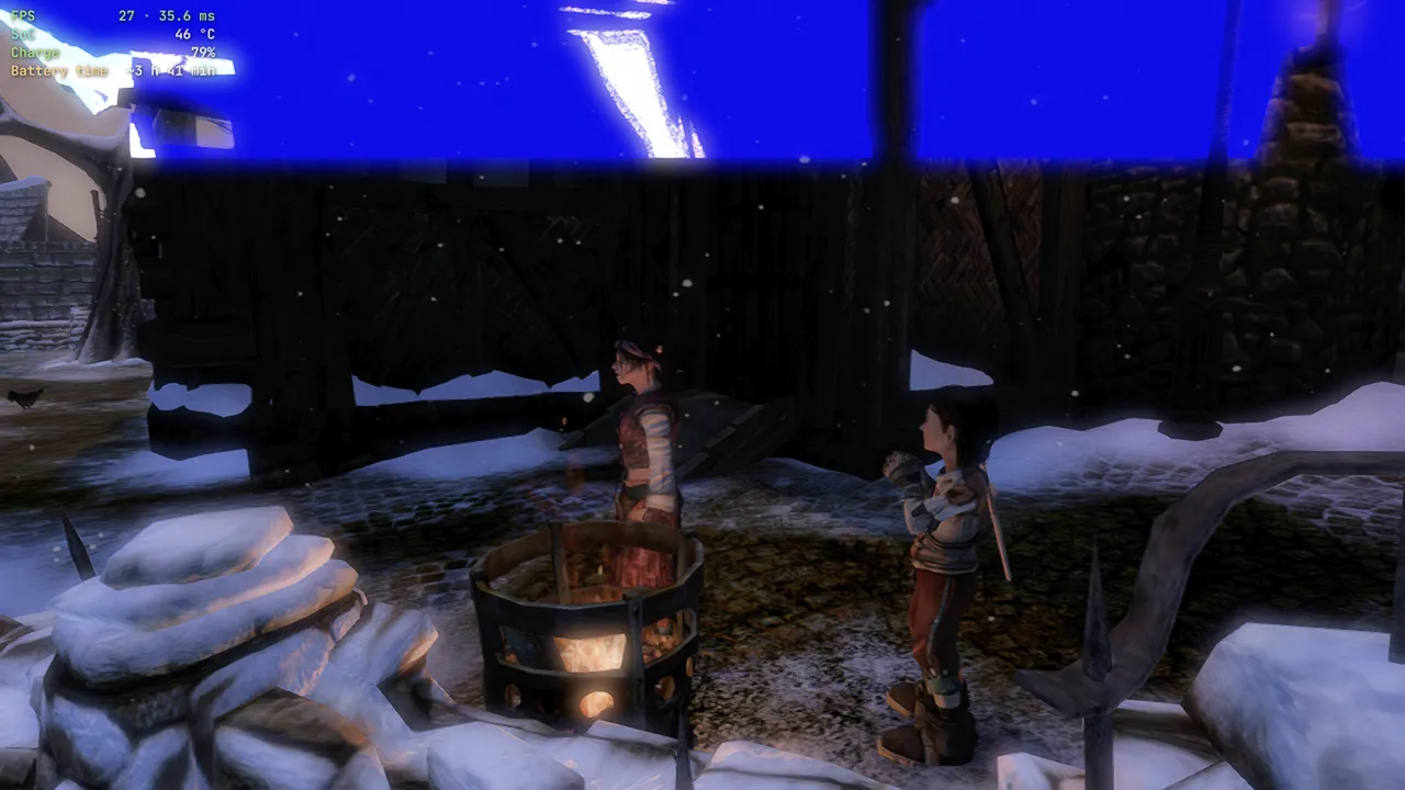 Fable II on Xendroid+ with a blue tint over a snowy town at night