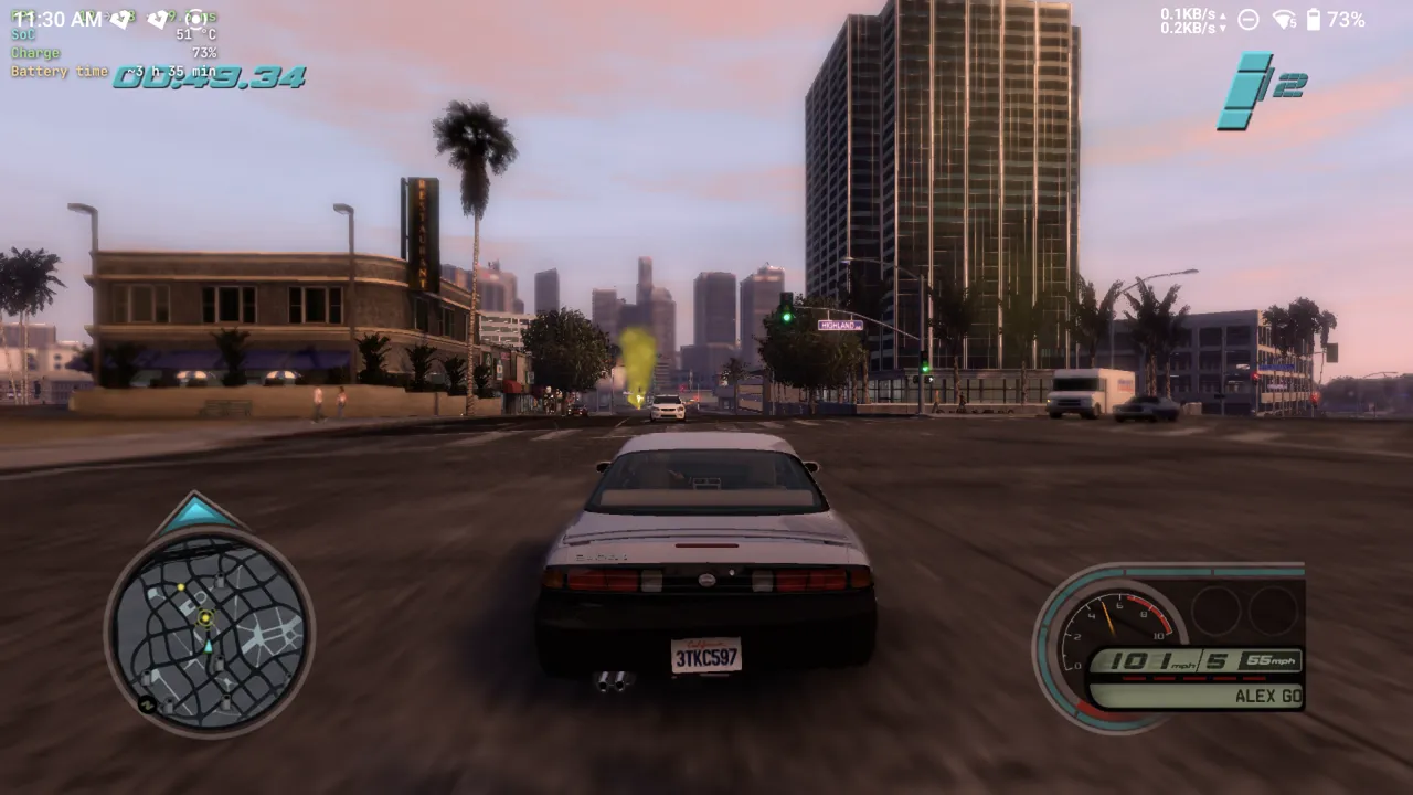 Midnight Club: Los Angeles mid-race on Xendroid+