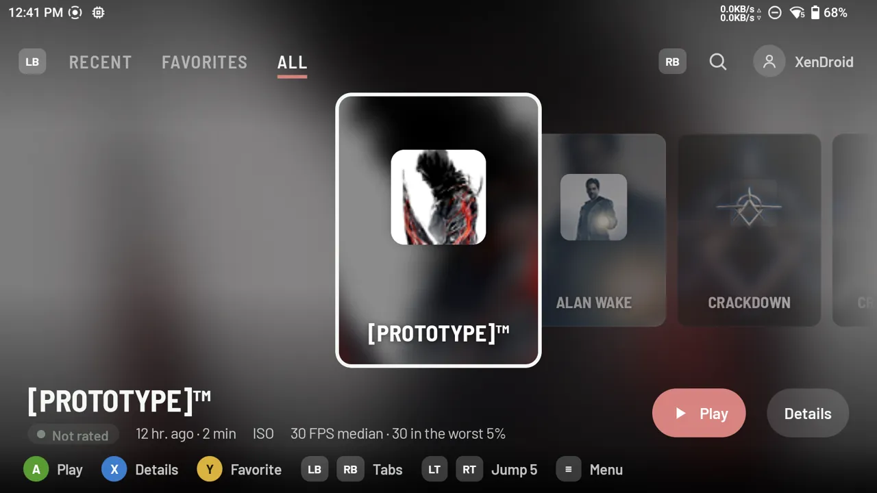 Xendroid+ controller mode menu with a game carousel and button prompts